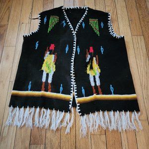 Tejidos Indian Folklore Handmade Open Front Fringe Knit Vest Medium Vintage